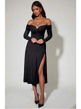 oh polly midi dress long sleeve Modal Square-Neck Long-Sleeve Midi Dress in Black - XXS